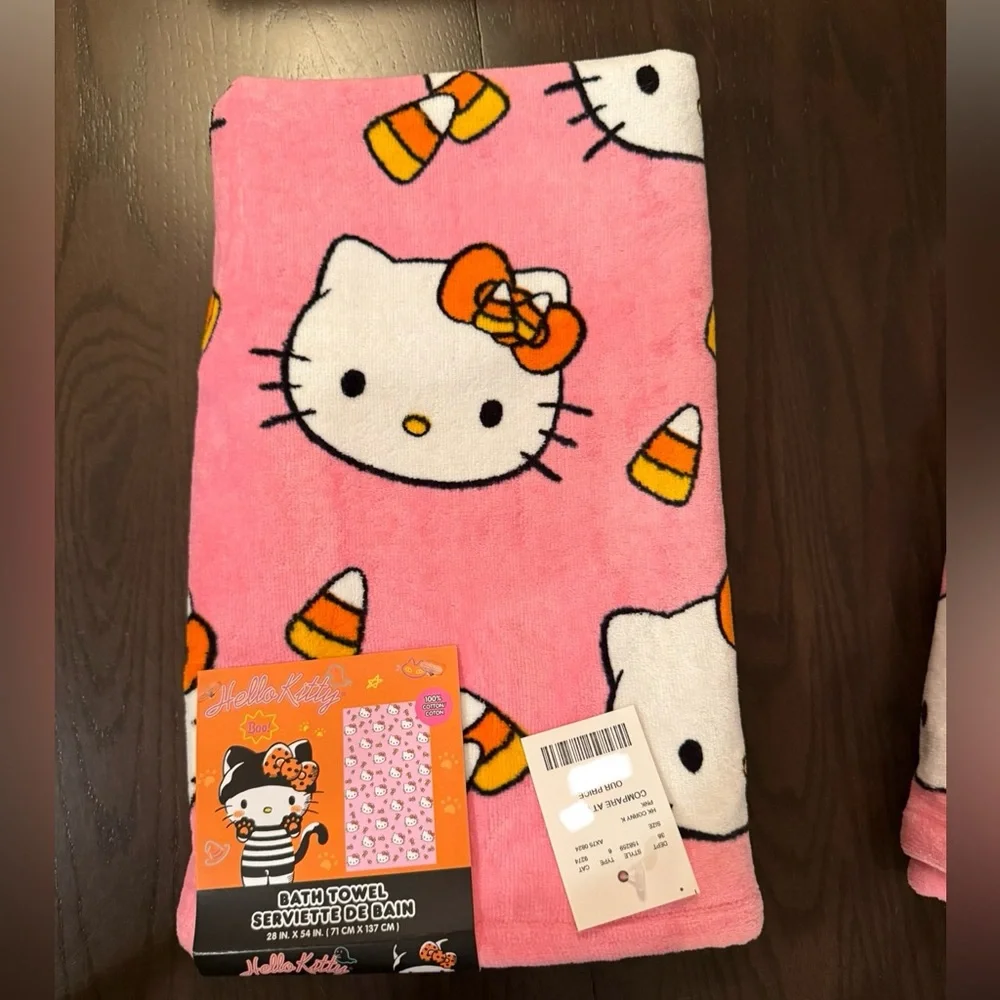 HELLO KITTY Pink Halloween Candy Corn Bath Towel & Hand Towel Set🎀🎃 NWT